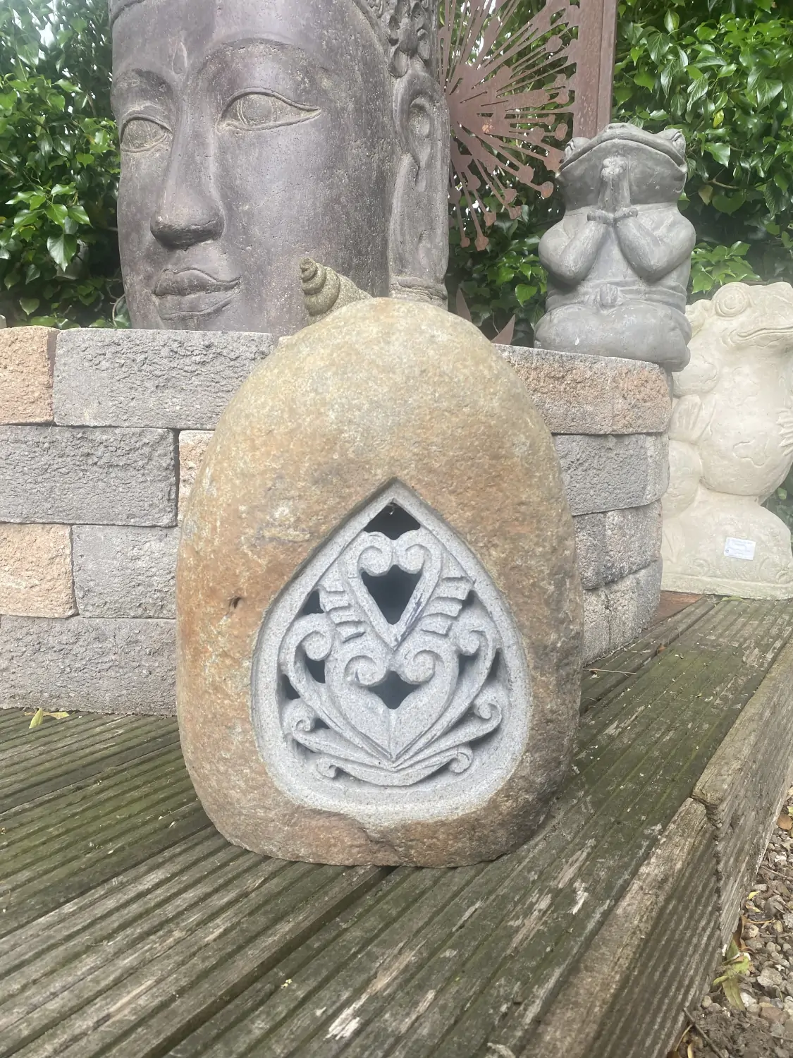  Product image 2 of the product “Riverstone Lantern with carved motiv on one side, Light can shine through. in the sizes from 35cm to 55cm, Natural finish ”